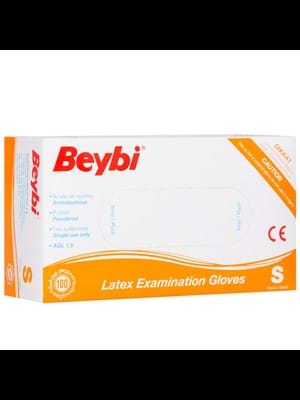 Beybi Lateks Pudralı Muayane Eldiveni Small Beyaz 100"lü
