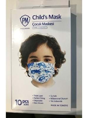 Pm 3 Katlı Tek Kullanımlık Erkek Çocuk Maskesi 10"lu