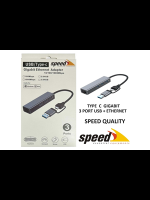 Speed Uet01 10-100-1000 Rj45 Port ve 3 Adet Usb-a Girişli Hub Çoklayıcı