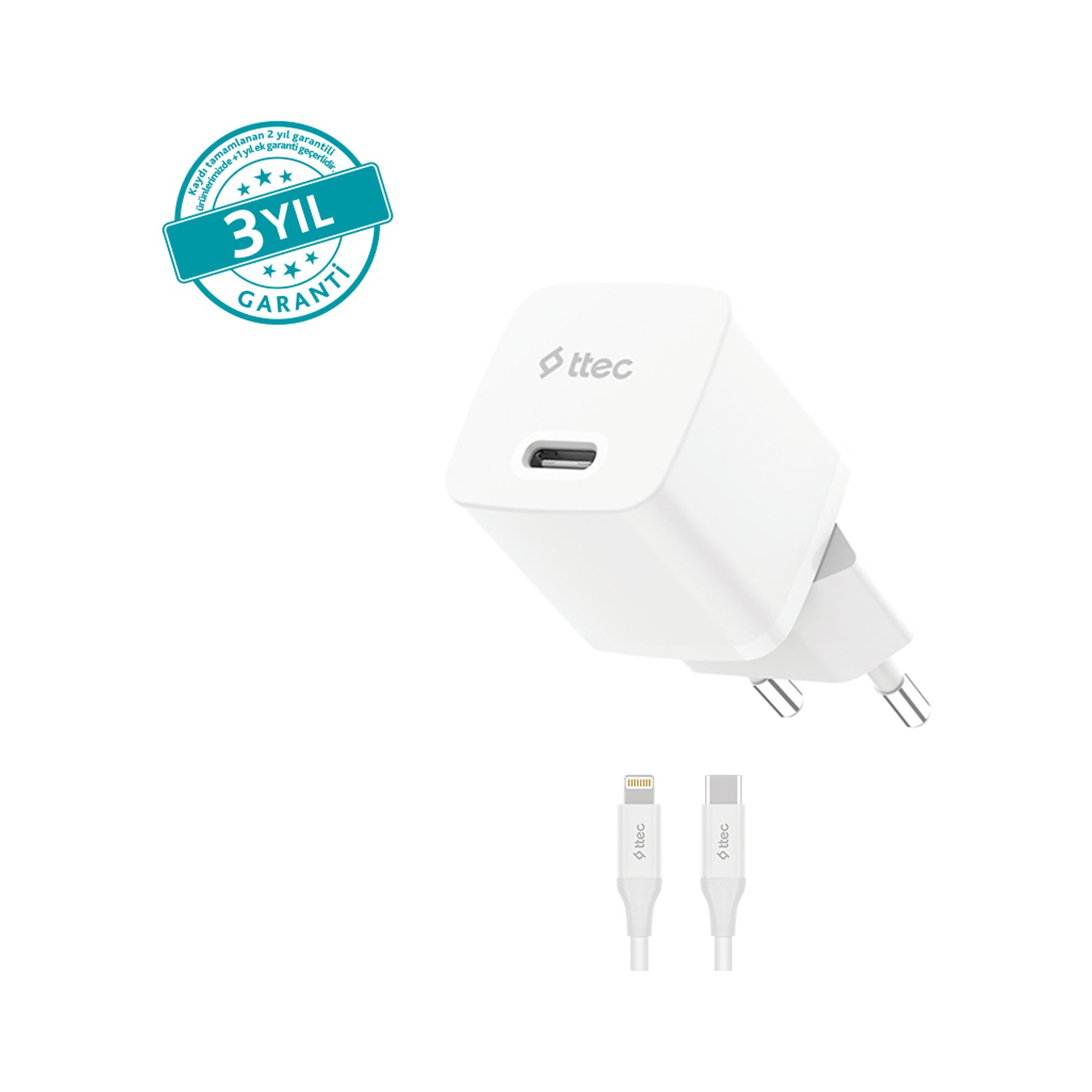 TTEC 2SCP03LB 150CM LİGHTNİNG KABLO VE 30W ŞARJ ADAPTÖRÜ SET BEYAZ 