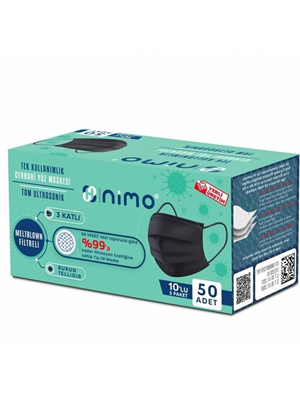 Nimo 3 Katlı Meltblown Filtreli Tek Kullanımlık Cerrahi Maske 50'li Siyah