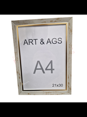 Art&ags A4 22 Mm Ahşap Çerçeve Altın Paspartulu Altın Eskitmeli Gri